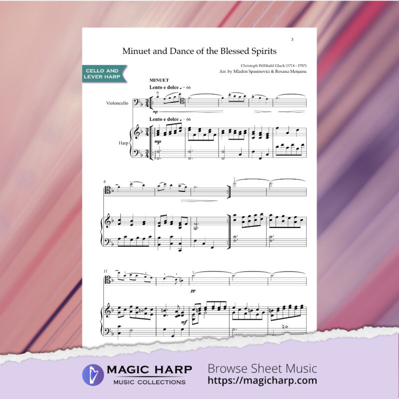 Minuet and Dance of the blessed spirits by Gluck for cello and lever harp • magicharp.com - 2