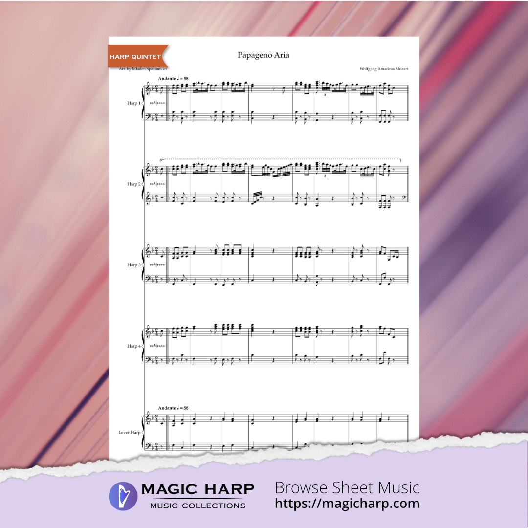 Papageno Aria for harp quintet by arr Mladen Spasinovici • magicharp.com - 2