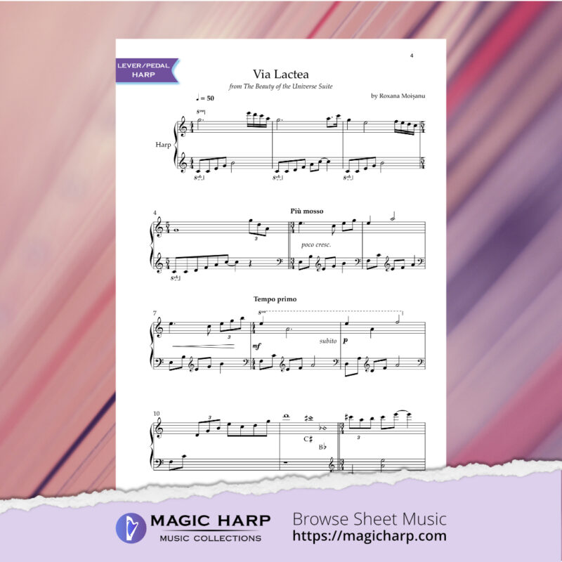 Sheet music first page preview of Via Lactea for harp by Roxana Moișanu