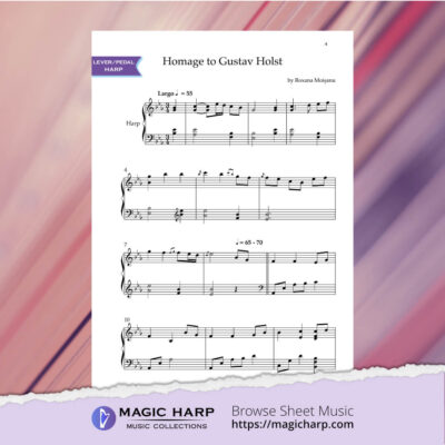 Sheet music first page preview of Homage to Gustav Holst for harp by Roxana Moișanu